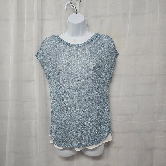 Chico's Blouse Mesh Blue Metallic Layered Glam Knit S - Picture 10 of 10